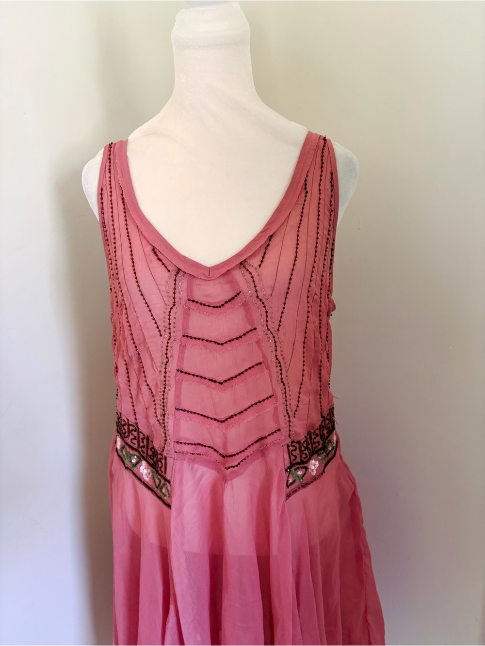 Free people pink sequin beaded chiffon dress sheer slip midi dress L